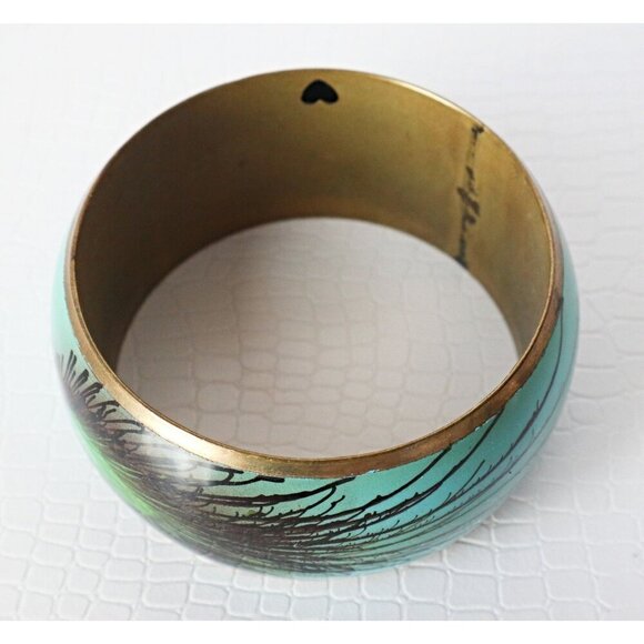 Vintage Peacock Feathers Enamel  Brass Wide Bangle Bracelet - Picture 3 of 4